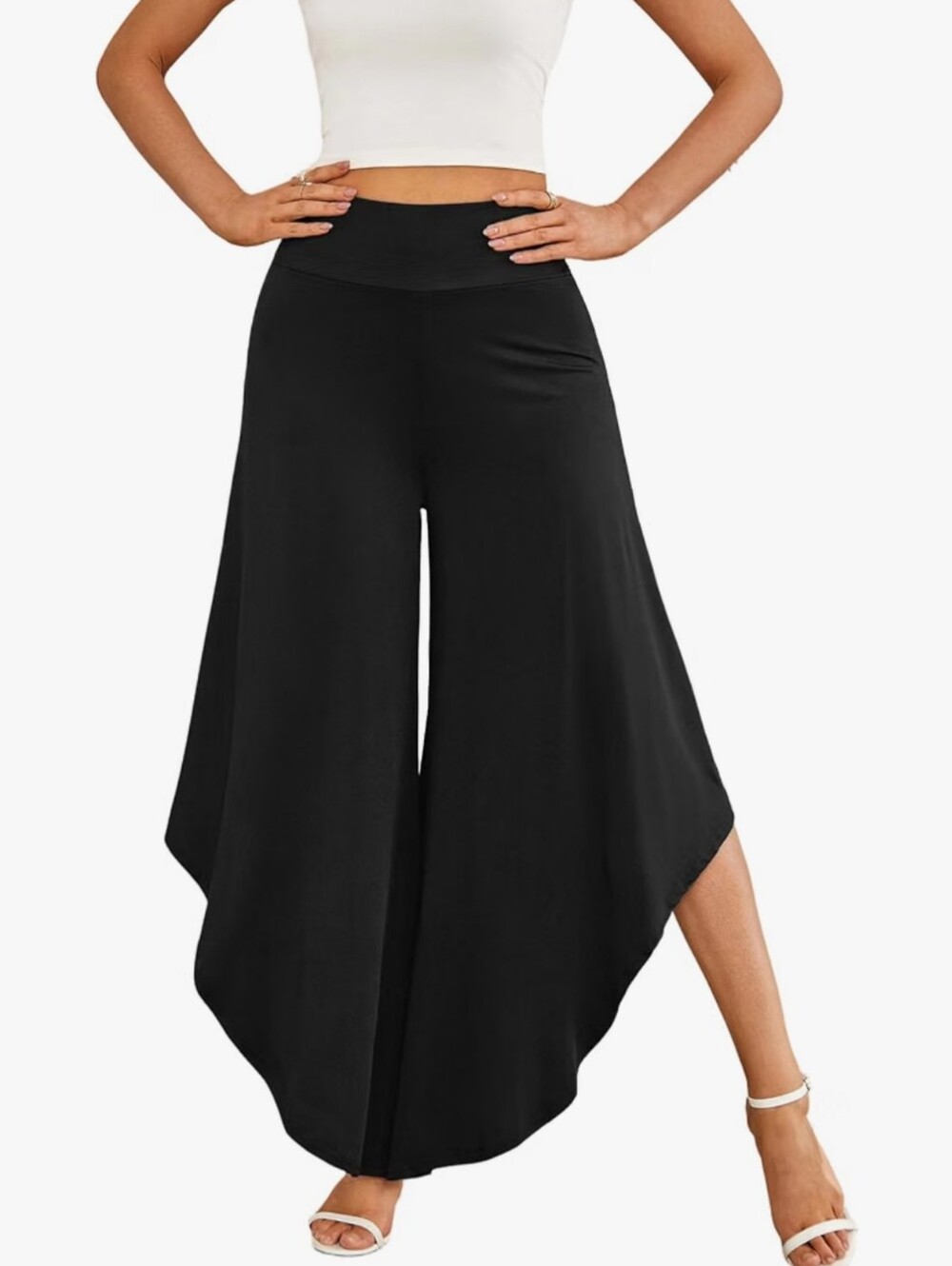 Wide-Leg Black Palazzo Pants with Scalloped Hem